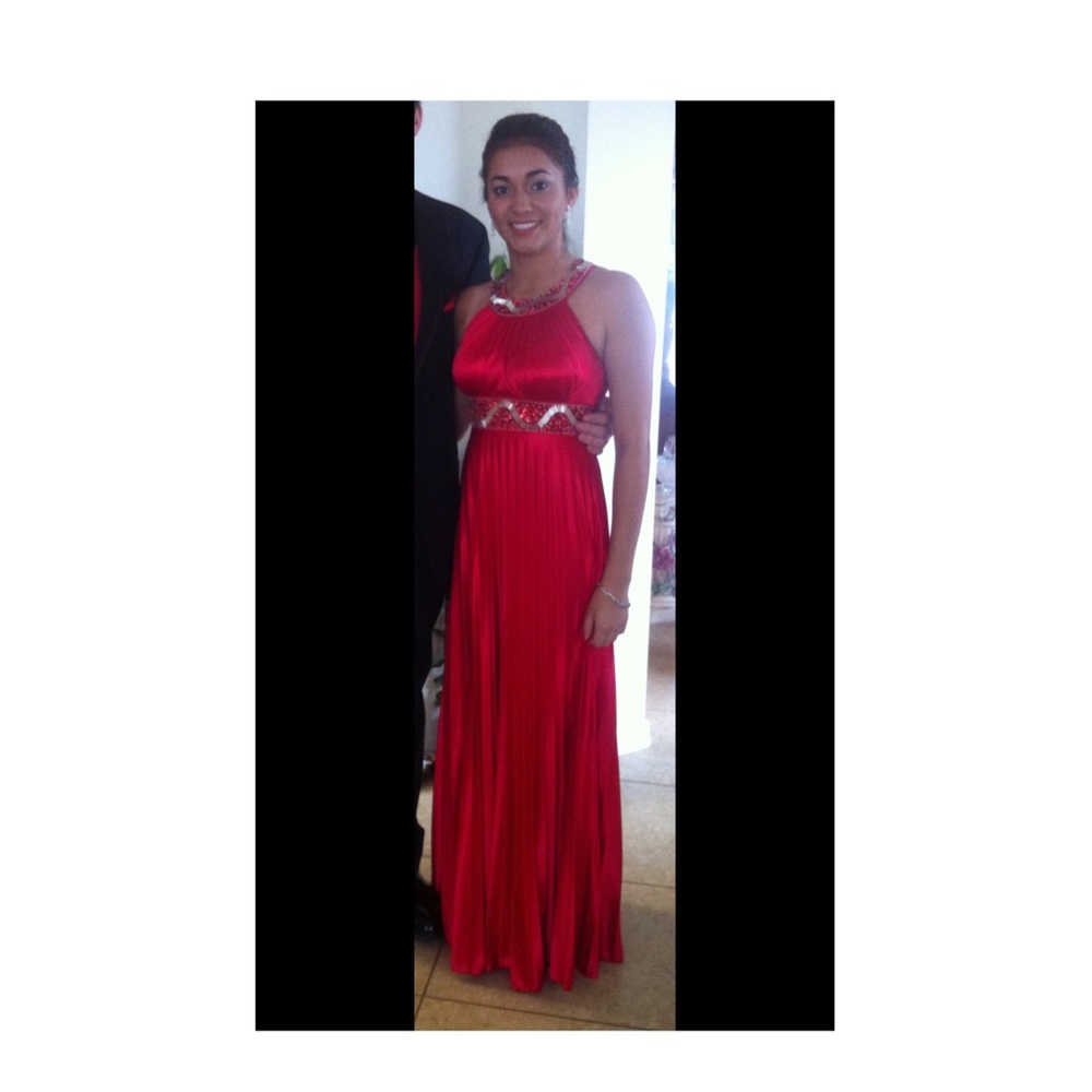 Halter Red Satin Prom Dress w/ Clear & Red beading